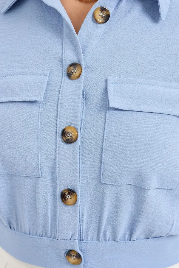 Women's Ice Blue Pocket Buttoned Short Sleeve Summer Crop Shirt Jacket HZL22S-BD106631