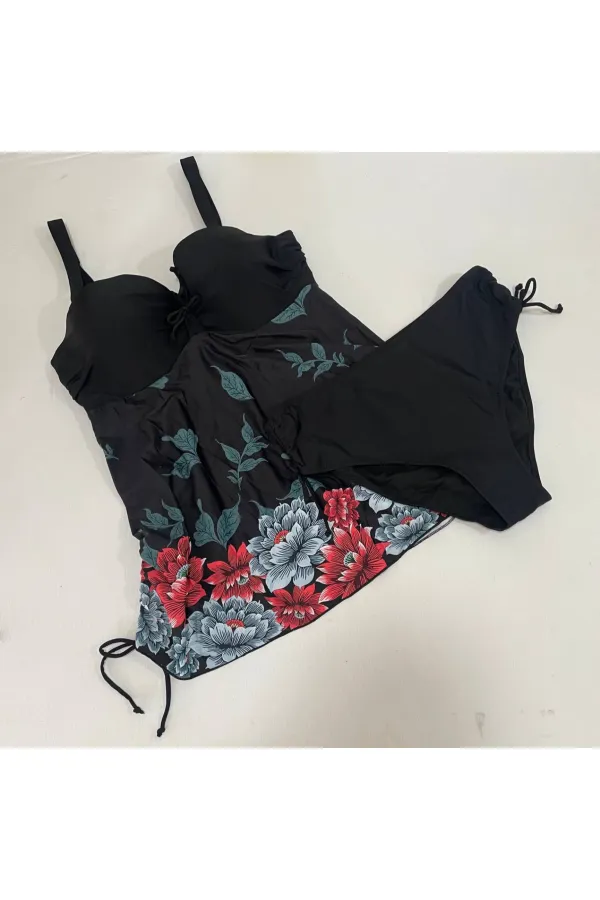 Robe noire à motifs floraux pour femme, modèle Tankini Slip HZL24S-LC4009