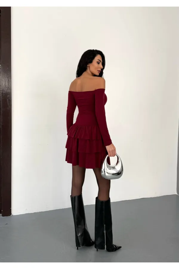 Women's Burgundy Strapless Neckline Layered Skirt Detail Mini Dress HZL25W-FRY123581