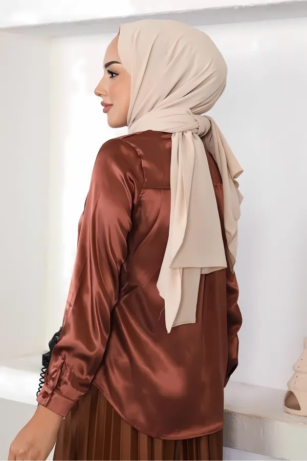 Kadın Bakır Saten Yüzeyli Tesettür Gömlek HZL25W-BD139641