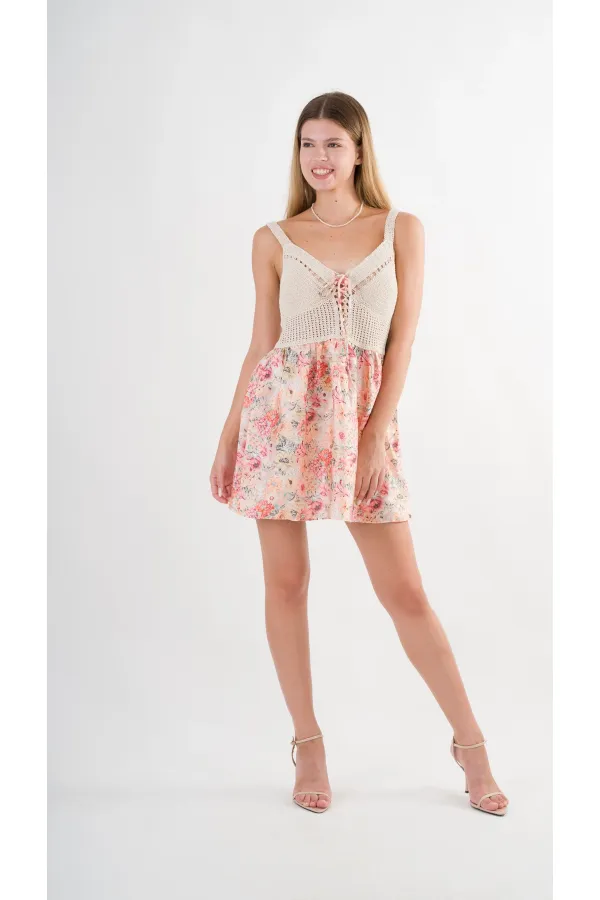 Robe courte ceinturée à col en V et motifs multicolores en satin pour femme HZL24S-YY250