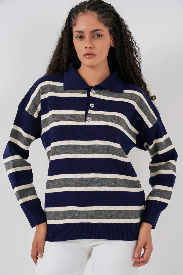 Pull en maille rayé à col polo pour femme 15952 - Bleu marine
