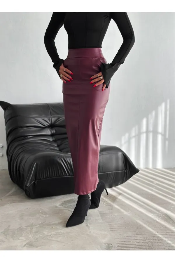 Women's Burgundy Back Slit Zippered Pocket Pencil Skirt HZL25W-FRY122431