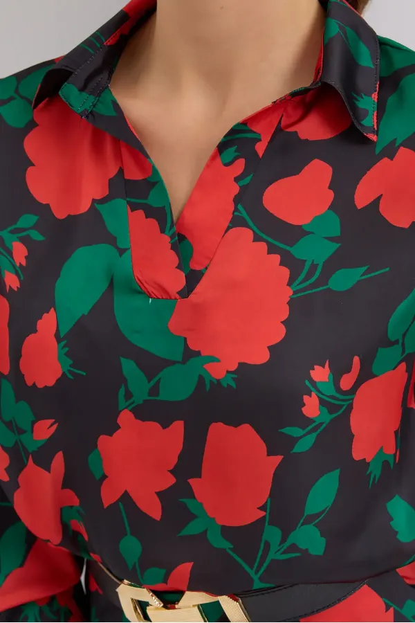 Ensemble deux pièces en satin à motifs noirs et rouges pour femme 8018