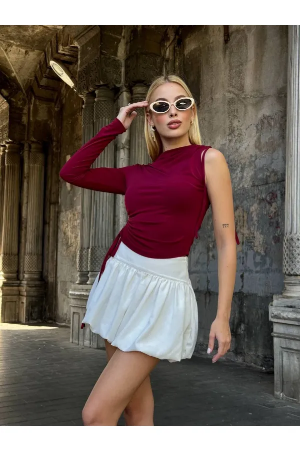 Kadın Bordo Tek Kol Yanları Büzgülü Sandy Kumaş Bluz HZL25W-ZK11501
