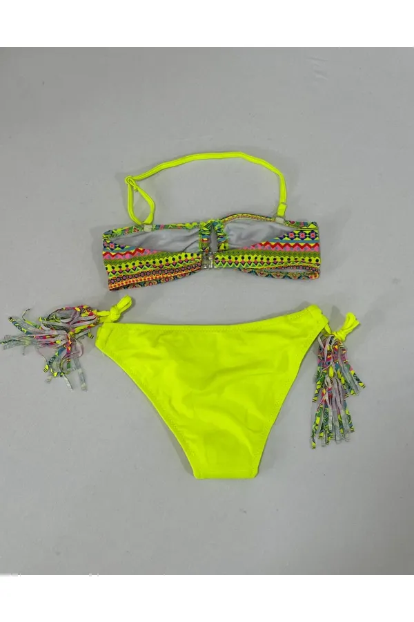 Ensemble bikini triangle jaune à doublure multicolore pour fille, 4-12 ans, HZL24S-LC1904