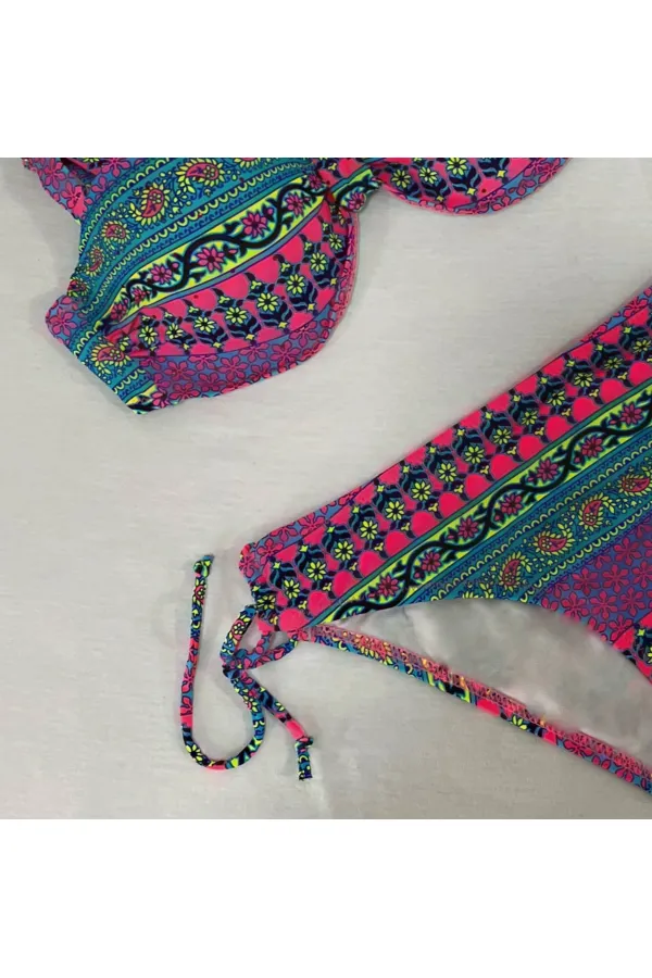 Kadın Fuşya Çok Renkli Etnik Desen Atarlı Bikini Takımı HZL25S-LC8004