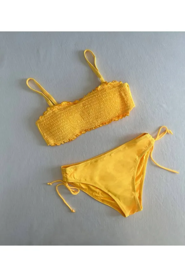 Kadın Sarı Büzgülü Astarlı Bikini Takım HZL25S-LC3349