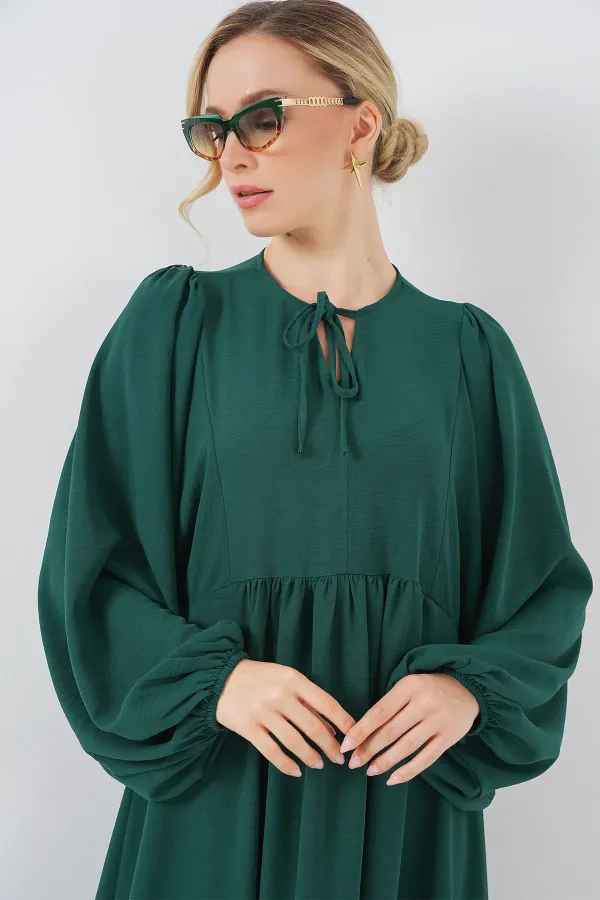 Women's Balloon Sleeve Long Hijab Dress 2464 - Emerald Green