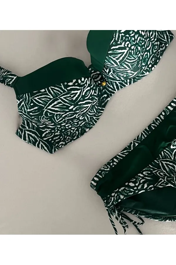 Kadın Yeşil Beyaz Desenli Büyük Beden Astarlı Bikini Takım HZL25S-LC4006