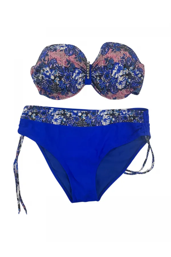 Kadın Mavi Çiçek Desenli Büyük Beden Astarlı Lacivert Bikini Takım HZL25S-LC3301
