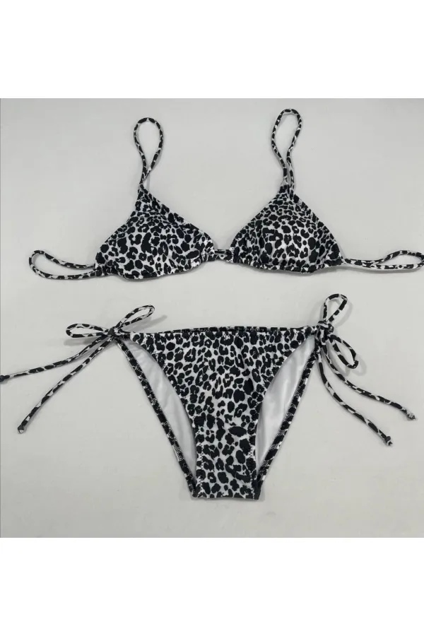 Kadın Leopar Siyah Boyundan İp Bağlamalı Üçgen Bikini Takımı HZL25S-LC5005