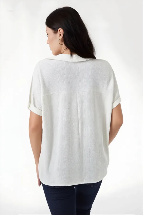 Kadın Ekru Polo Yaka Geniş Kesim Örme Bluz HZL24S-BD104861