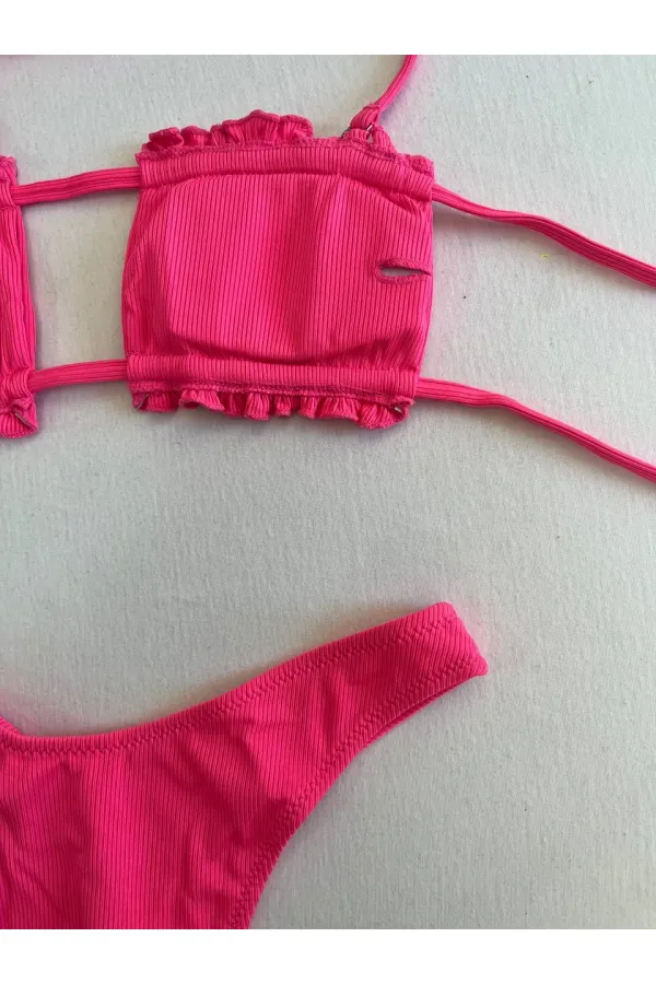 Kadın Pembe İp Bağlamalı Büzgülü Straplez Bikini Takım HZL25S-LC2226