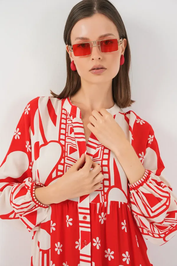 Kadın Desenli Uzun Tesettür Elbise 2585 - N. Kırmızı