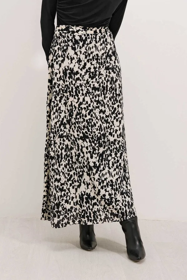 Kadın Krem Siyah Desenli Astarsız Beli Lastikli Midi Boy Etek HZL24S-BD180031