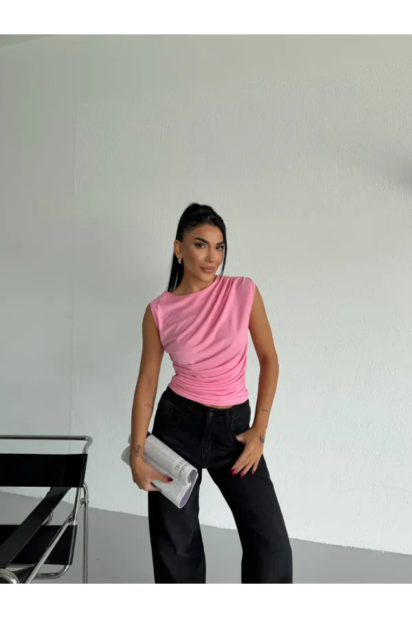 Chemisier rose sans manches à fronces pour femme, couleur sable, référence HZL26W-FRY122751