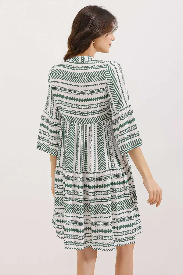 1975 ETNİK DESEN ELBİSE - Haki