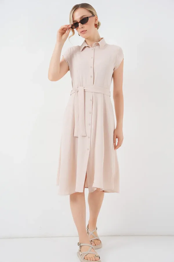 1677 Boydan Düğmeli Kuşaklı Elbise - Krem