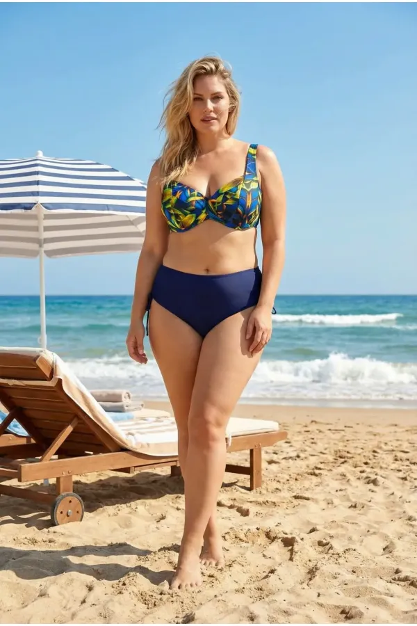 Ensemble bikini grande taille à armatures, motif bleu-vert marine, gainant, à motifs, HZL26S-LC2519