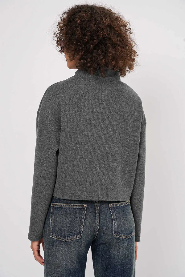 Kadın Antrasit Yakası Fermuarlı Örme Sweatshirt HZL25W-BD1554491