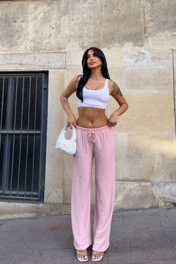 Kadın Pembe Beli Lastikli Rahat Kesim Bürümcük Pantolon HZL25S-DSB163631