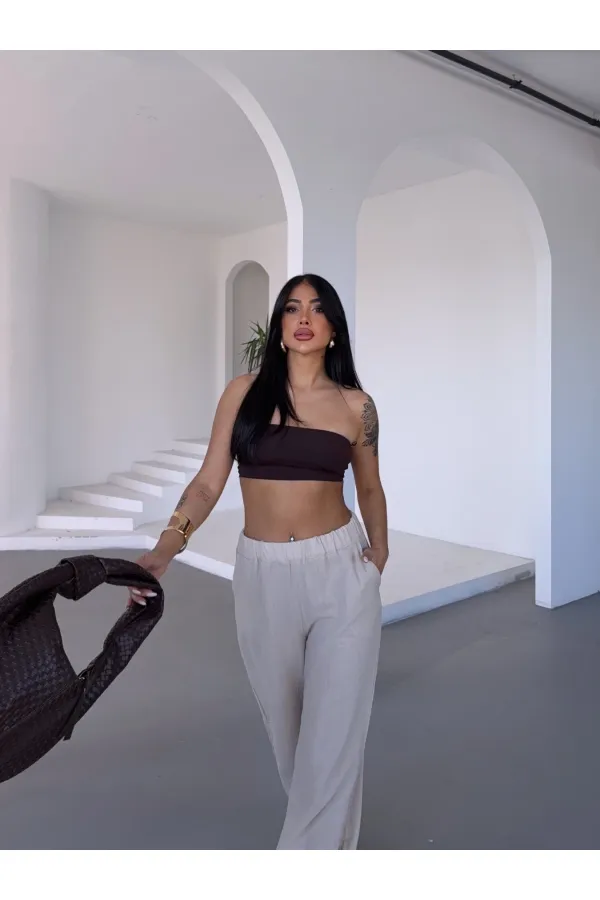 Kadın Bej Beli Lastikli Müslin Kumaş Bol Paça Pantolon HZL25S-DSB12221