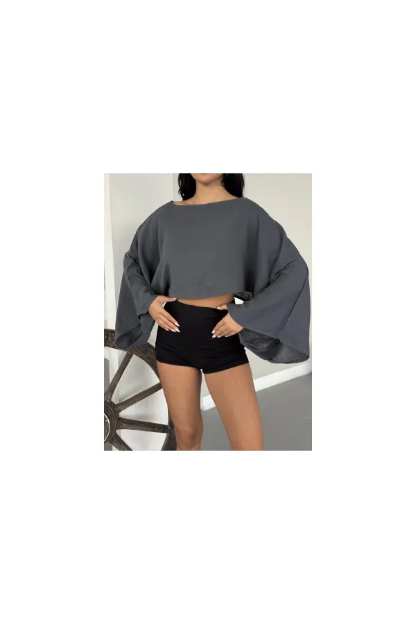 Kadın Antrasit Panço Model Müslin Bluz HZL25S-DSB16161