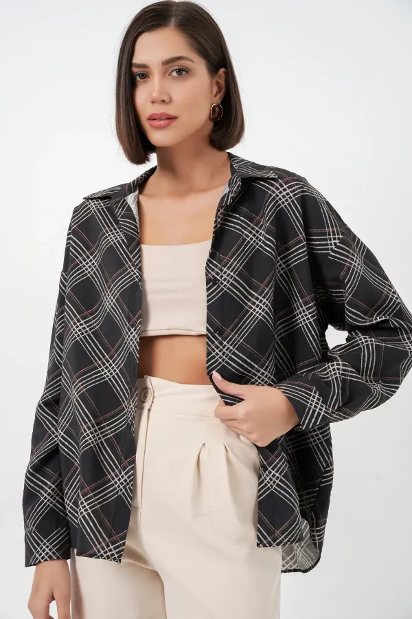 Women's Oversize Patterned Shirt 20372 - Black