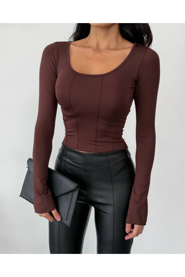 Kadın Kahverengi Uzun Kollu Arkası Bağlamalı Fit Kesim Crop Bluz HZL25W-FRY122771