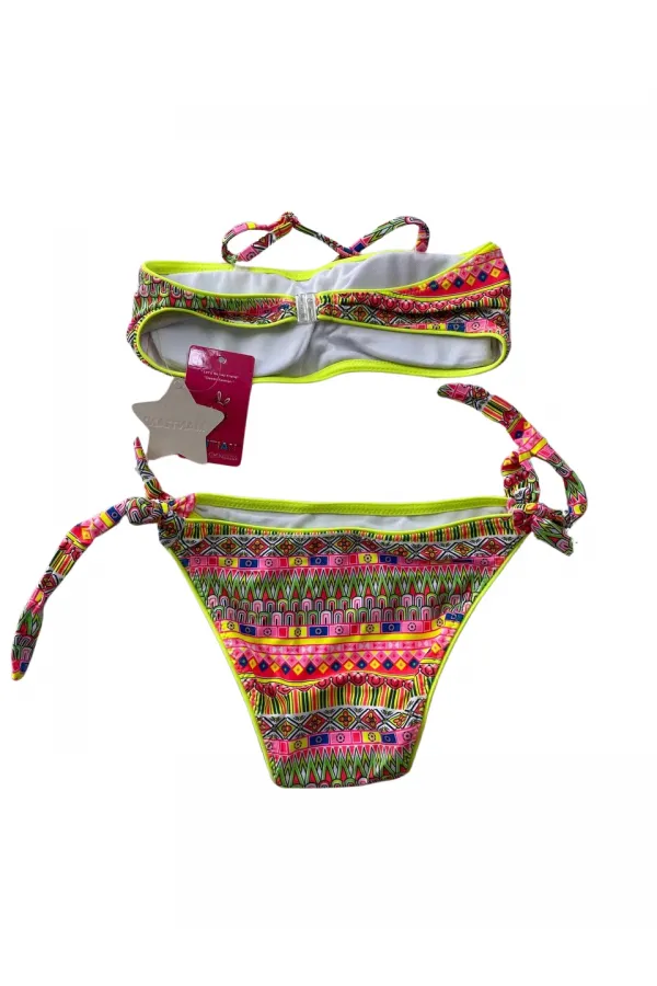 Kız Çocuk Neon Sarı Çok Renkli Astarlı 4-12 Yaş Straplez Bikini Takım HZL24S-LC6355