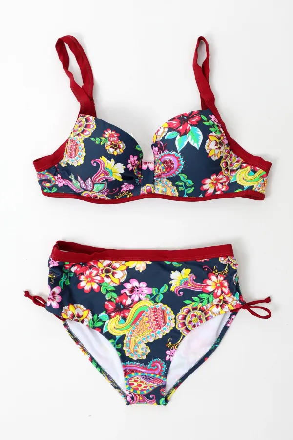 Kadın Lacivert Bordo Çiçek Desenli Yüksek Bel Toparlayıcı Bikini Takım HZL24S-LC3321