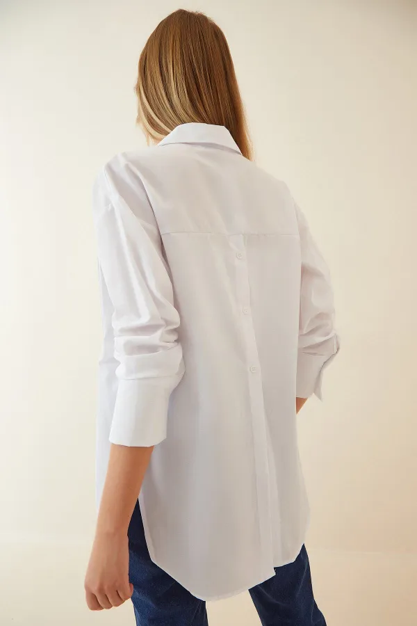 Chemise boyfriend en popeline blanche boutonnée au dos pour femme HZL22S-BD139521