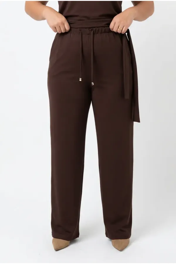 Women's Brown Plus Size Modal Fabric Top and Bottom Set with Gold Buckle Detail HZL26S-ZSS111291