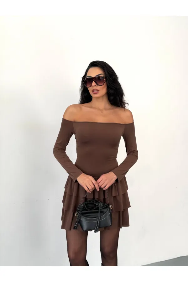 Robe mini marron sans bretelles pour femme, jupe à volants, modèle HZL25W-FRY123581