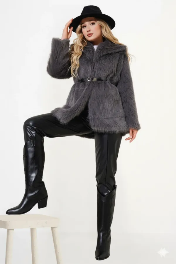 Manteau en fourrure pelucheux gris pour femme, doublé et détaillé, avec ceinture HZL25W-BD191561