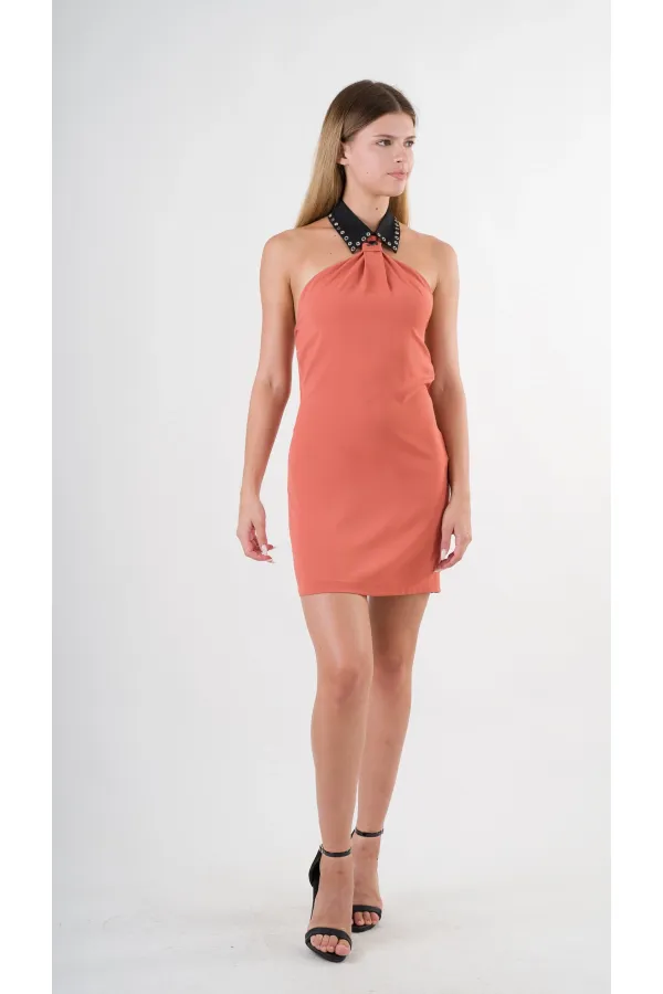 Kadın Kiremit Halter Yaka Saten Kumaş Sırt Dekolteli Mini Elbise HZL24S-YY262
