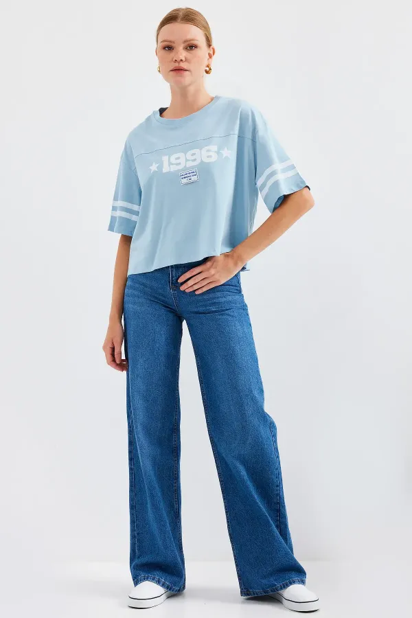 4322 Printed Oversize Basic T-Shirt - Blue