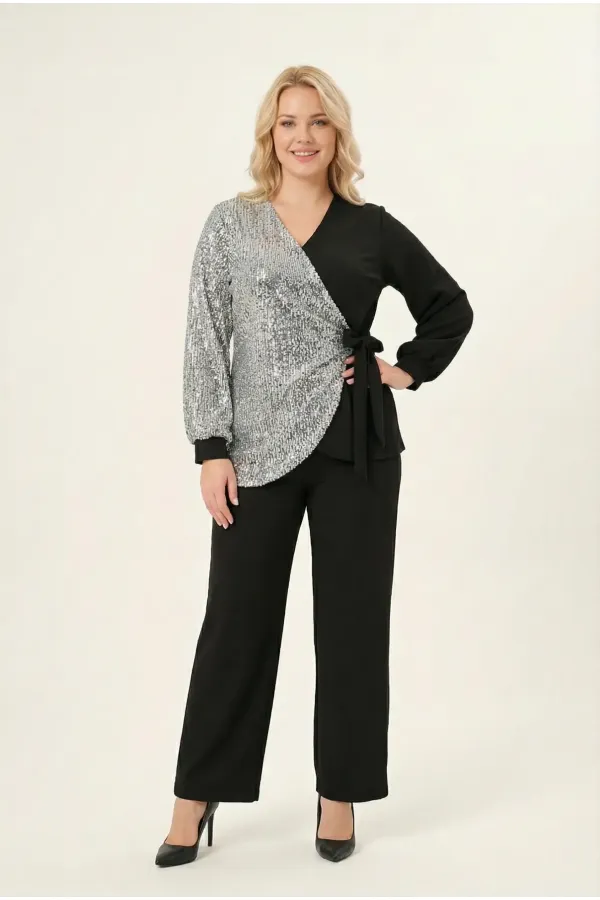 Ensemble robe de soirée grande taille pour femme, pantalon et chemisier à sequins argentés et noirs, HZL26W-PR10011