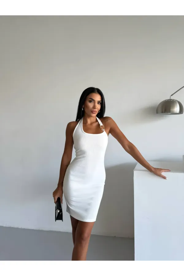 Women's White Ottoman Fabric Halter Neck Buckle Detail Dress HZL26W-FRY123411