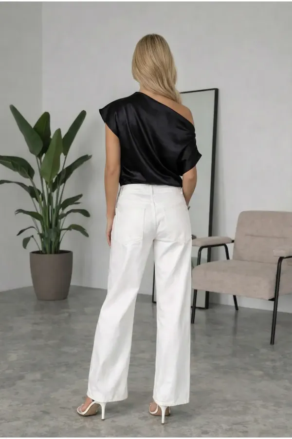 Women's Black One-Shoulder Asymmetrical Satin Blouse HZL26W-FRY121171