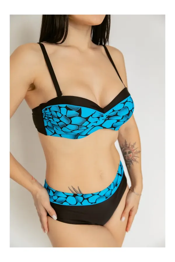Women's Blue Black Patterned Lined Bikini Set HZL25S-LC25143