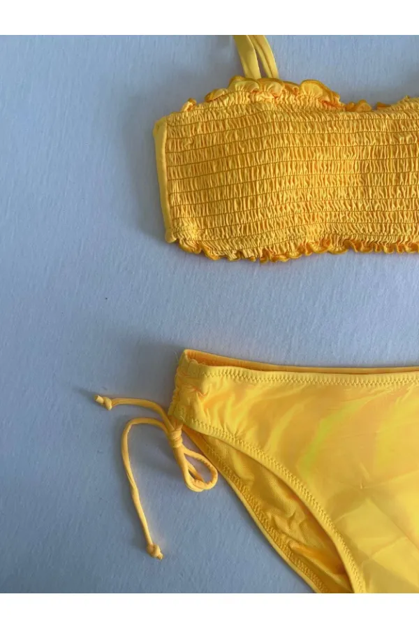 Kadın Sarı Büzgülü Astarlı Bikini Takım HZL25S-LC3349