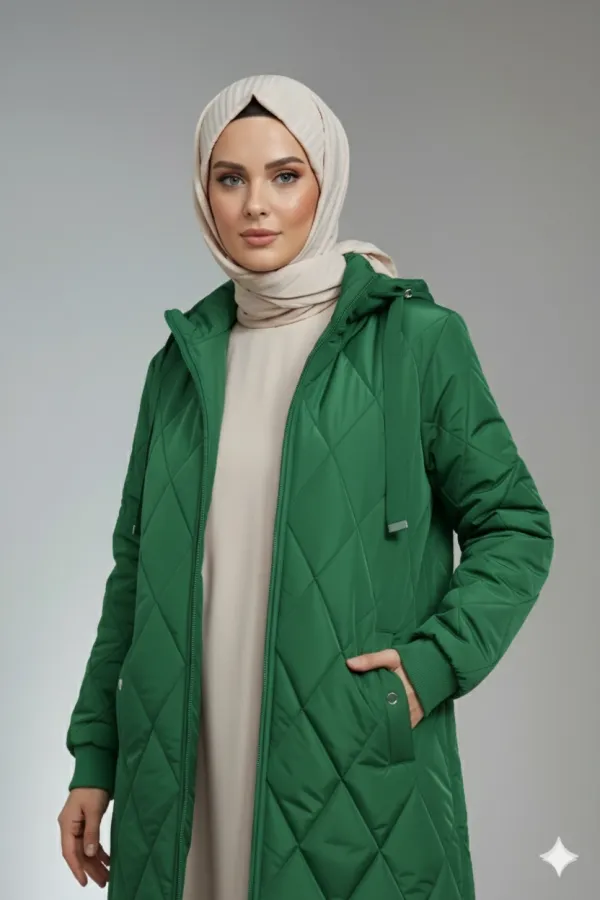 Manteau hijab long matelassé vert émeraude pour femme HZL25W-BD151381