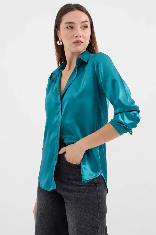 3964 Lightly Draped Satin Shirt - Light Green