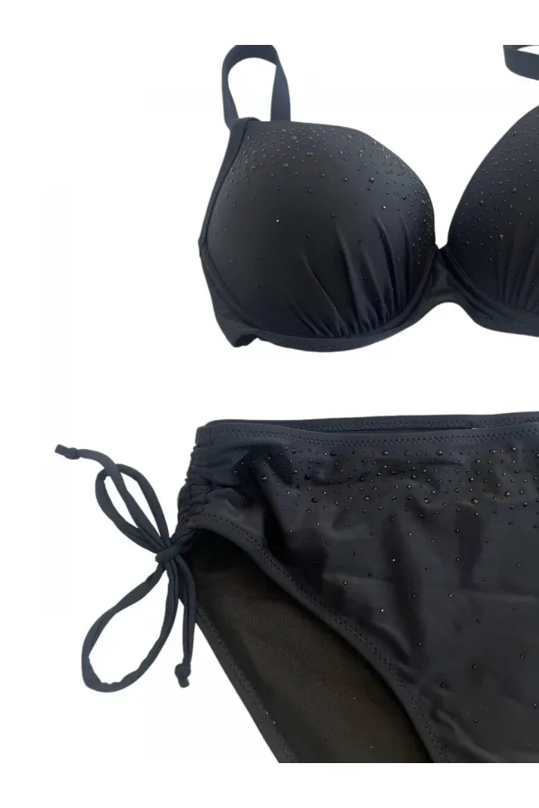 Women's Black Stone Embroidered Lined Plus Size Bikini Set HZL25S-LC2099