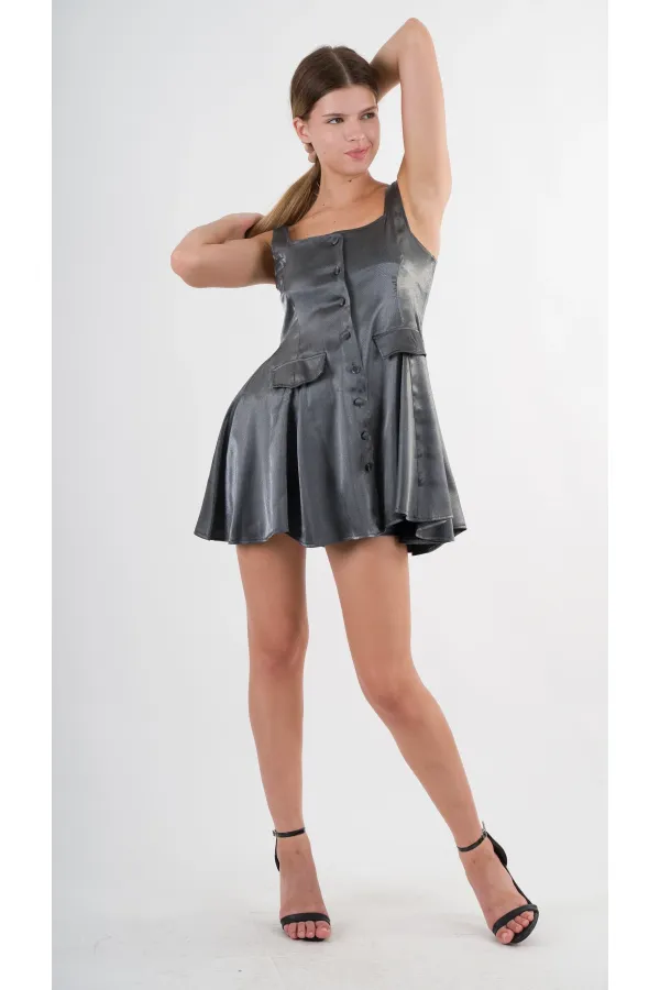 Kadın Antrasit Askılı Önden Düğmeli Cepli Beli Lastikli Şortlu Elbise HZL24S-YY197