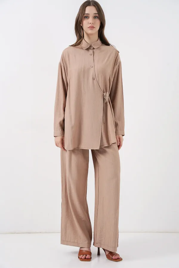 Ensemble deux pièces tunique et pantalon à lacets pour femme 6752 - Beige