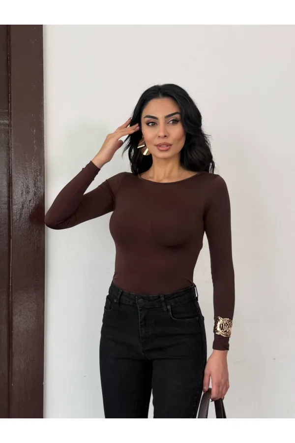 Kadın Kahverengi Sırtı Açık Fiyonk Bağlamalı Uzun Kol Bluz HZL25W-FRY123661