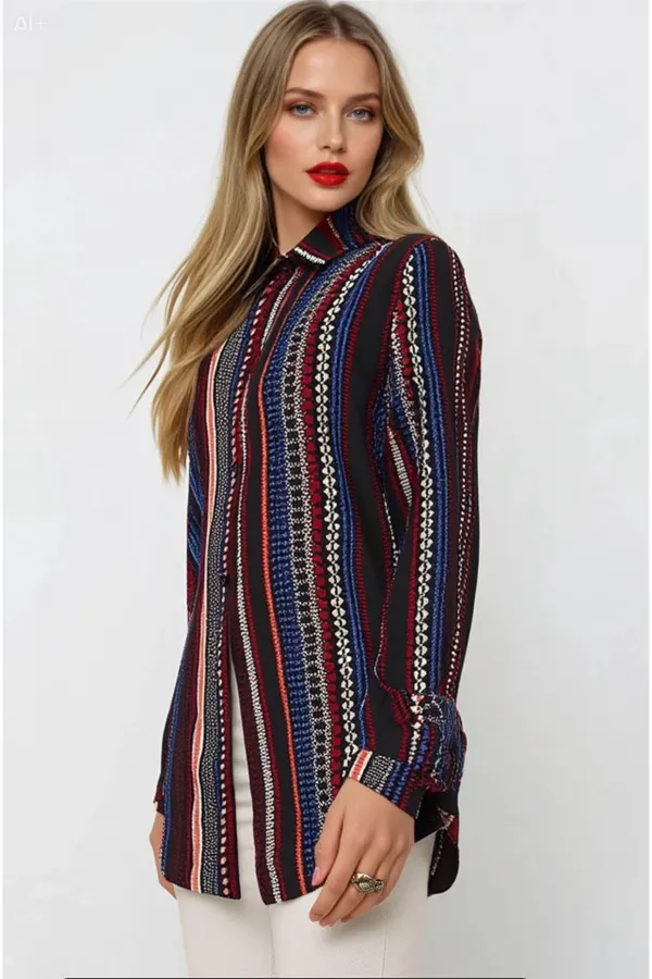 Kadın Siyah Etnik Desenli Çok Renkli Viskon Gömlek HZL23W-BD137851